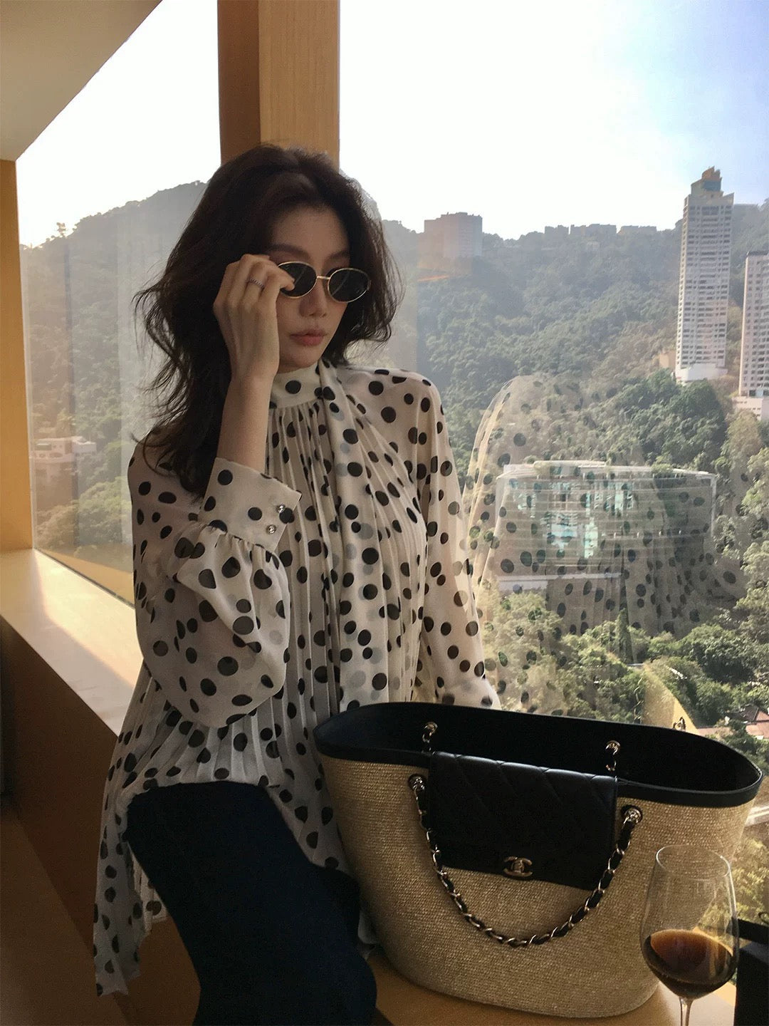 Longxier Black Polka Dot Print Chiffon Blouse for Women, Loose Fit, Pleated Design, Flattering Long Sleeve Top, K007