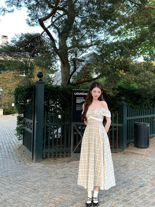 rorosheep【Dream Sea Salt】French sweet little flying sleeves two-wear dress for women retro plaid long skirt