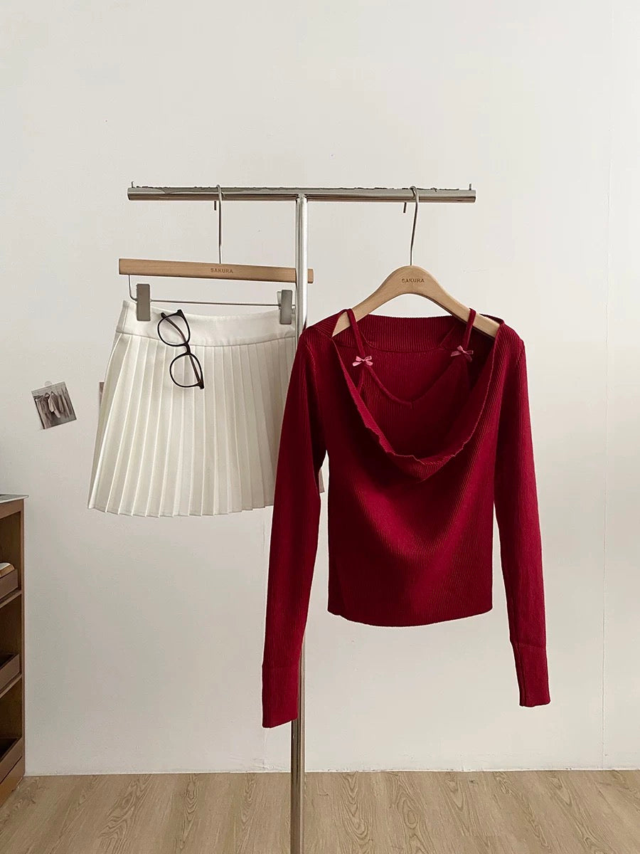 2025 Autumn/Winter New Korean Style Sweet Faux Two-Piece Turtleneck Knit Top with Bow Tie Slim Fit