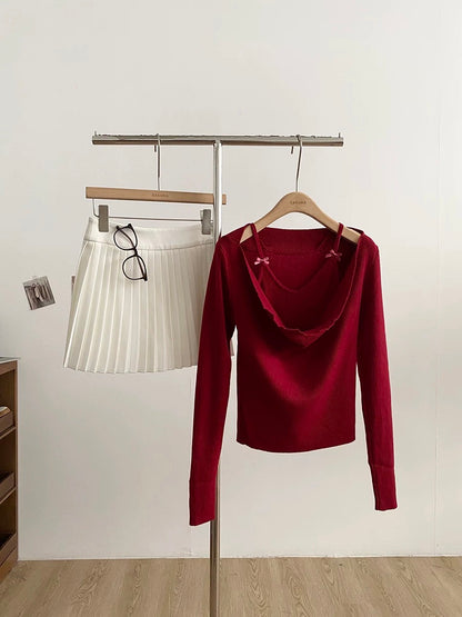 2025 Autumn/Winter New Korean Style Sweet Faux Two-Piece Turtleneck Knit Top with Bow Tie Slim Fit