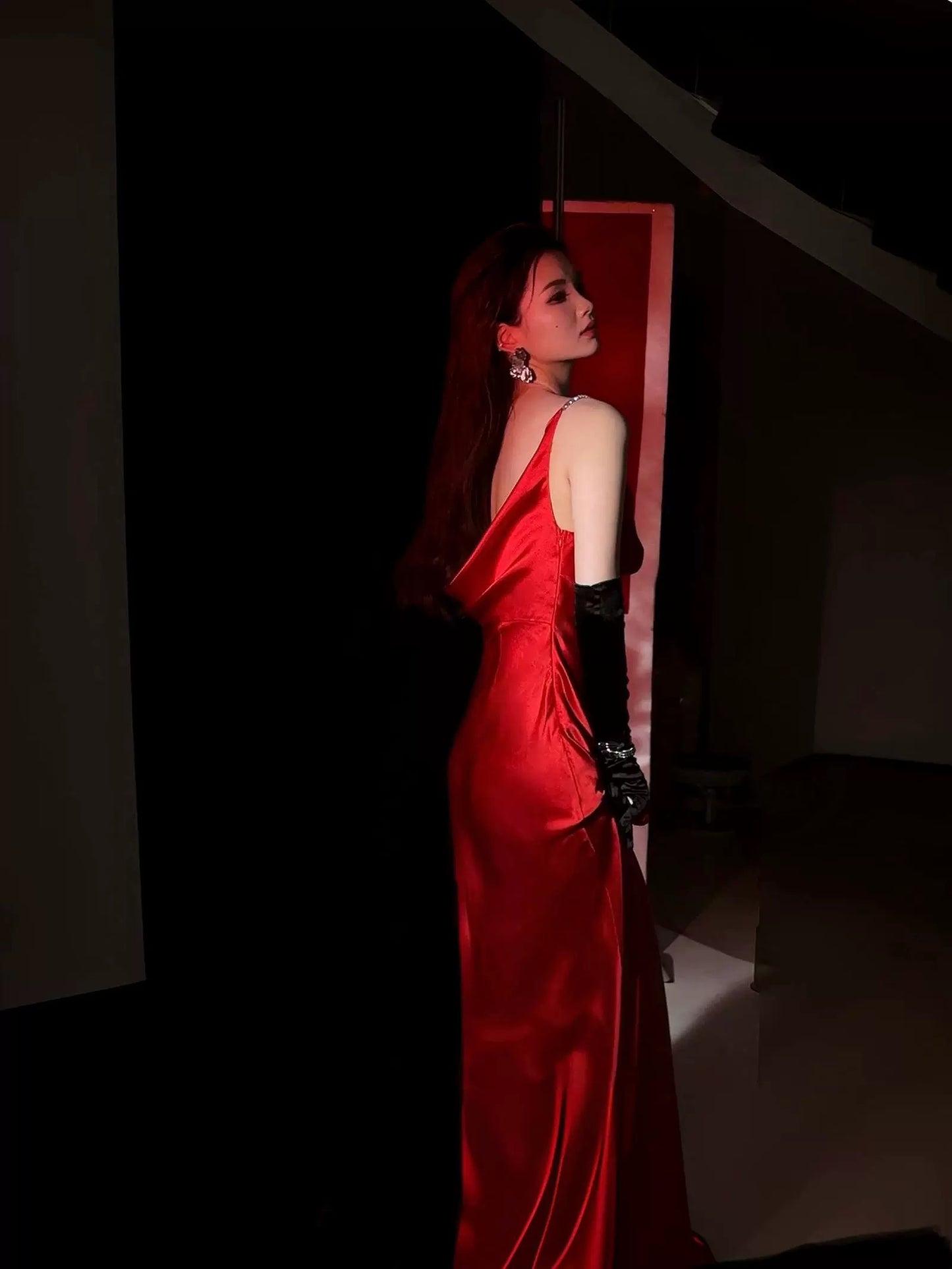 journeyj original bright red acetate satin evening dress suspender dress small dress annual party Christmas bride