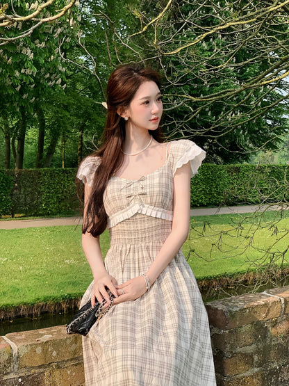 rorosheep【Dream Sea Salt】French sweet little flying sleeves two-wear dress for women retro plaid long skirt