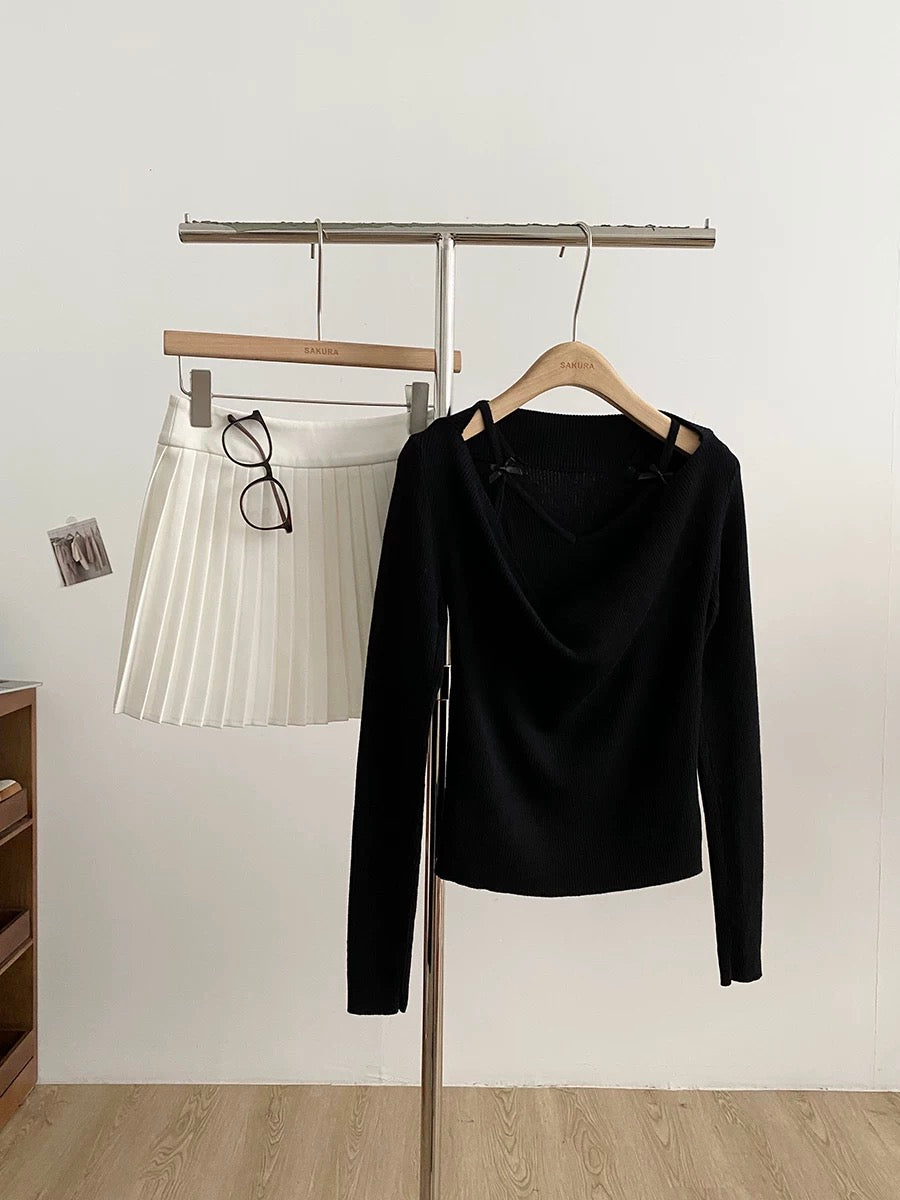 2025 Autumn/Winter New Korean Style Sweet Faux Two-Piece Turtleneck Knit Top with Bow Tie Slim Fit