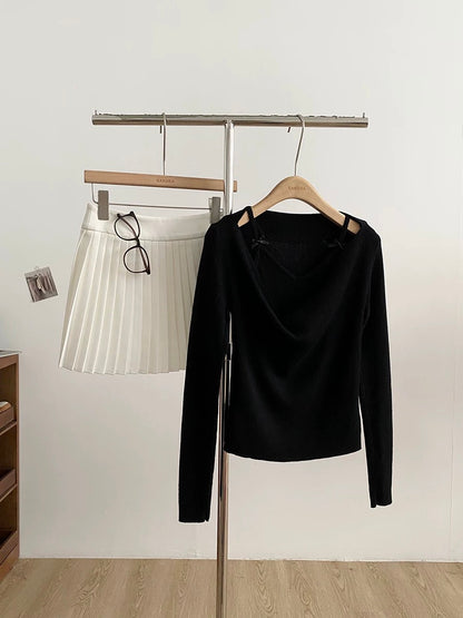 2025 Autumn/Winter New Korean Style Sweet Faux Two-Piece Turtleneck Knit Top with Bow Tie Slim Fit