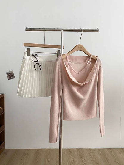 2025 Autumn/Winter New Korean Style Sweet Faux Two-Piece Turtleneck Knit Top with Bow Tie Slim Fit