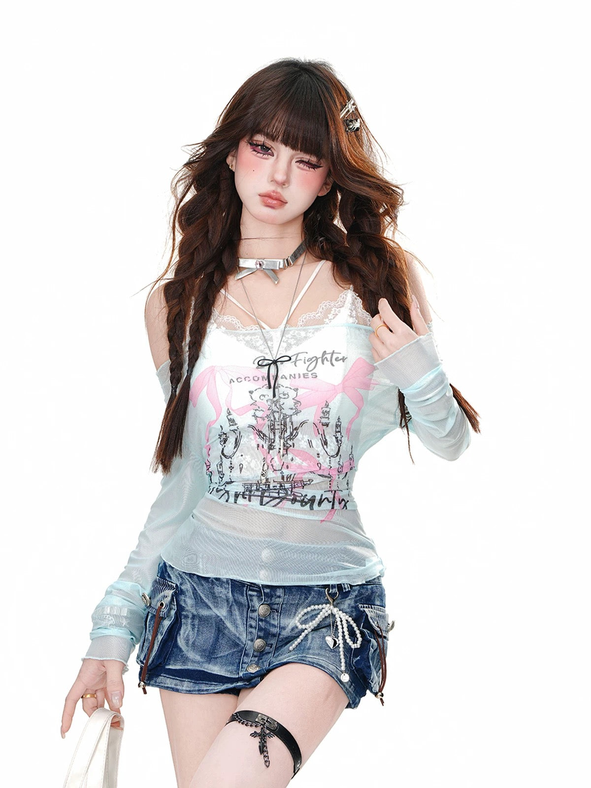 Kellykitty Desire Curve One-shoulder Pure Desire Slightly Transparent T-shirt Women's Summer Long Sleeve Slim Waist Top