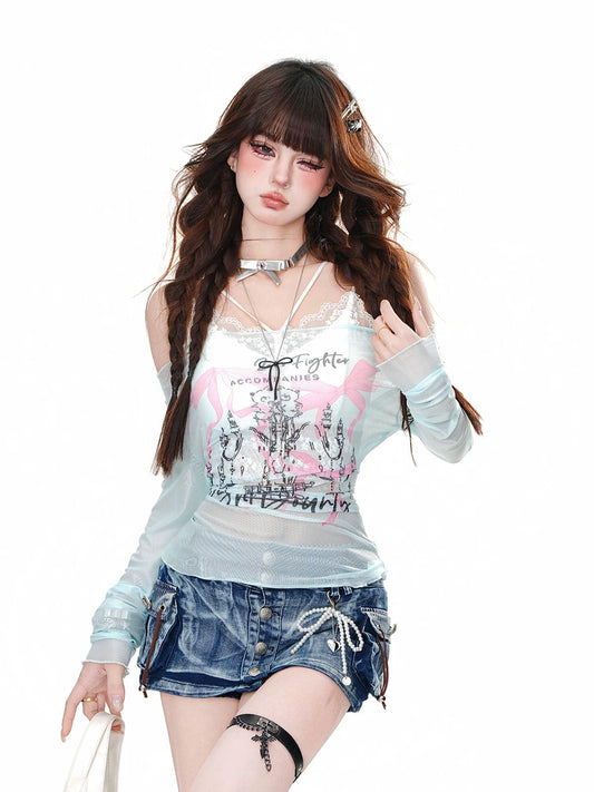 Kellykitty Desire Curve One-shoulder Pure Desire Slightly Transparent T-shirt Women's Summer Long Sleeve Slim Waist Top