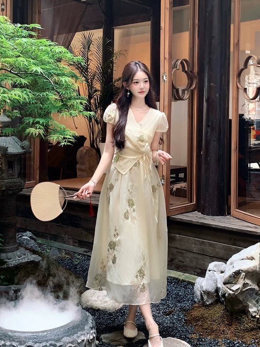 rorosheep [gilt floating dream] elegant sequin embroidered V-neck dress women's summer light Chinese style long skirt