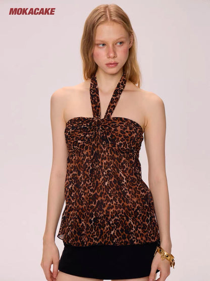MOKACAKE Leopard Print Halter Neck Chiffon Strapless Vest for Women, Spicy Design, Unique Sleeveless Top, New Summer Arrival