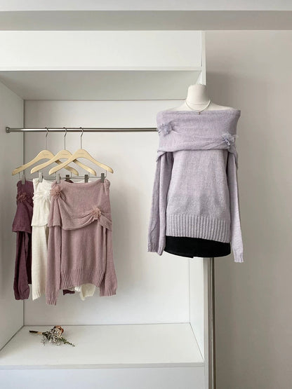 2025 Autumn New Arrival French Chic Gentle Style Three-Dimensional Floral Off-Shoulder Knit Top for Women, Slim Fit and Versatile
