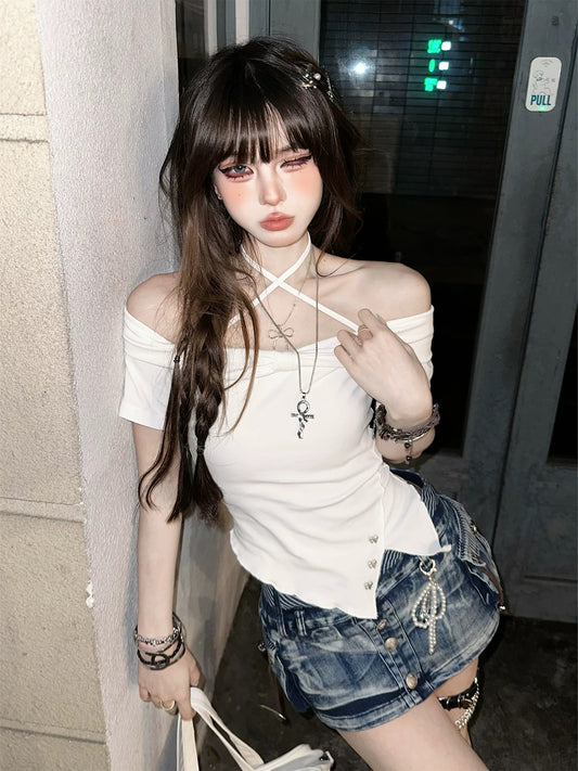 Kellykitty Miss Jiaojiao One-shoulder pure desire halter neck short-sleeved T-shirt female summer slim short top