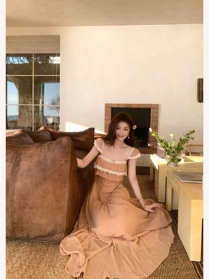 SYA Xi Xiaoxi Pink Lace French Ruffled Spaghetti Strap Dress Women's Spring Short Sleeve Vacation Style Long Dress