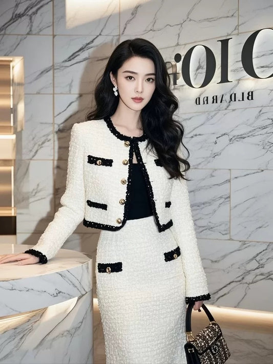 Autumn wear a complete set of high-end ladylike temperament goddess style high-end small fragrance style jacket and skirt suit for women