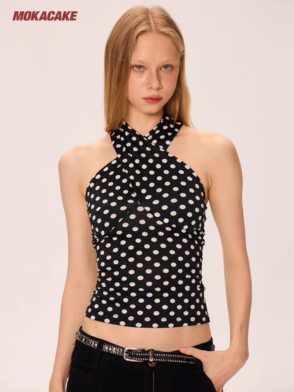 MOKACAKE Black Polka Dot Halter Neck Tank Top, Unique Design, Sexy Sleeveless Short Top for Women, Summer