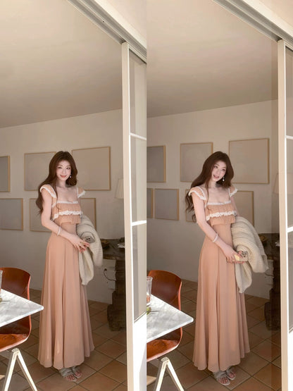 SYA Xi Xiaoxi Pink Lace French Ruffled Spaghetti Strap Dress Women's Spring Short Sleeve Vacation Style Long Dress