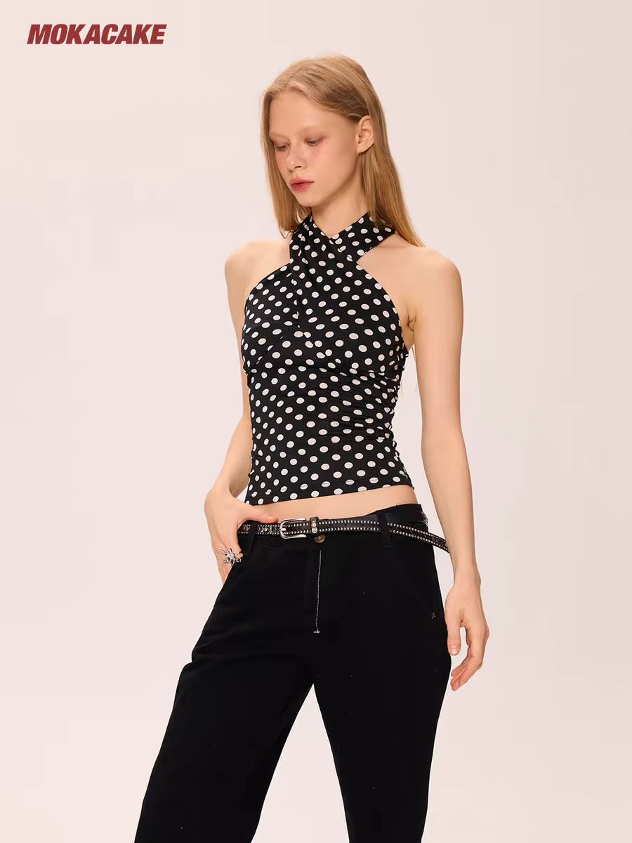 MOKACAKE Black Polka Dot Halter Neck Tank Top, Unique Design, Sexy Sleeveless Short Top for Women, Summer