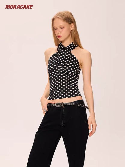 MOKACAKE Black Polka Dot Halter Neck Tank Top, Unique Design, Sexy Sleeveless Short Top for Women, Summer