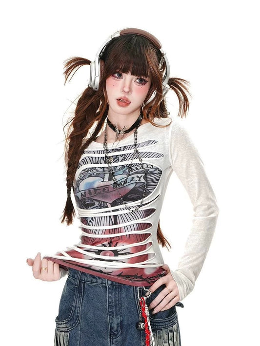 Kellykitty Street Club Design Punk Hottie T-shirt Women's Spring and Summer Slim Fit Waist Top