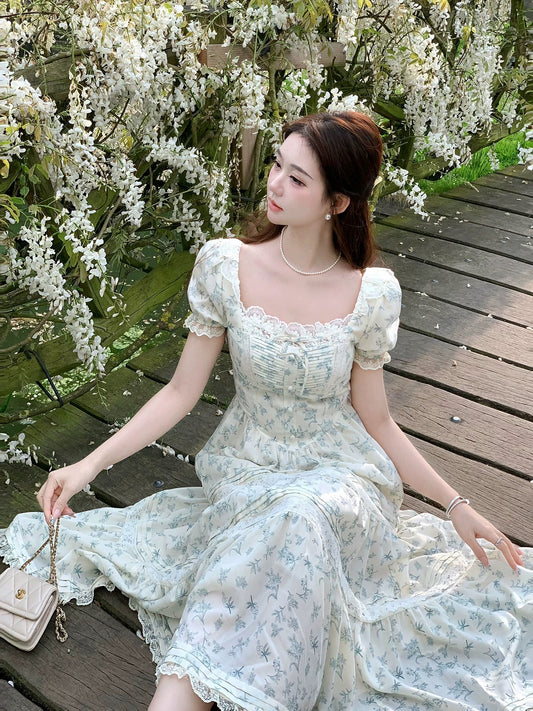 rorosheep [Love Flower Room] Forest style sweet square neck floral dress women's summer back-hugging long skirt