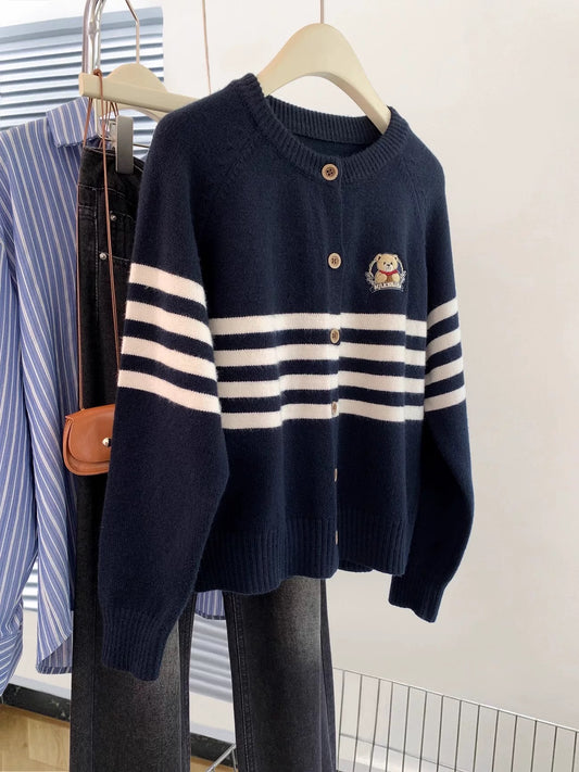 Navy blue embroidered raccoon fleece sweater coat women spring and autumn 2025 autumn and winter new lazy knitted cardigan top