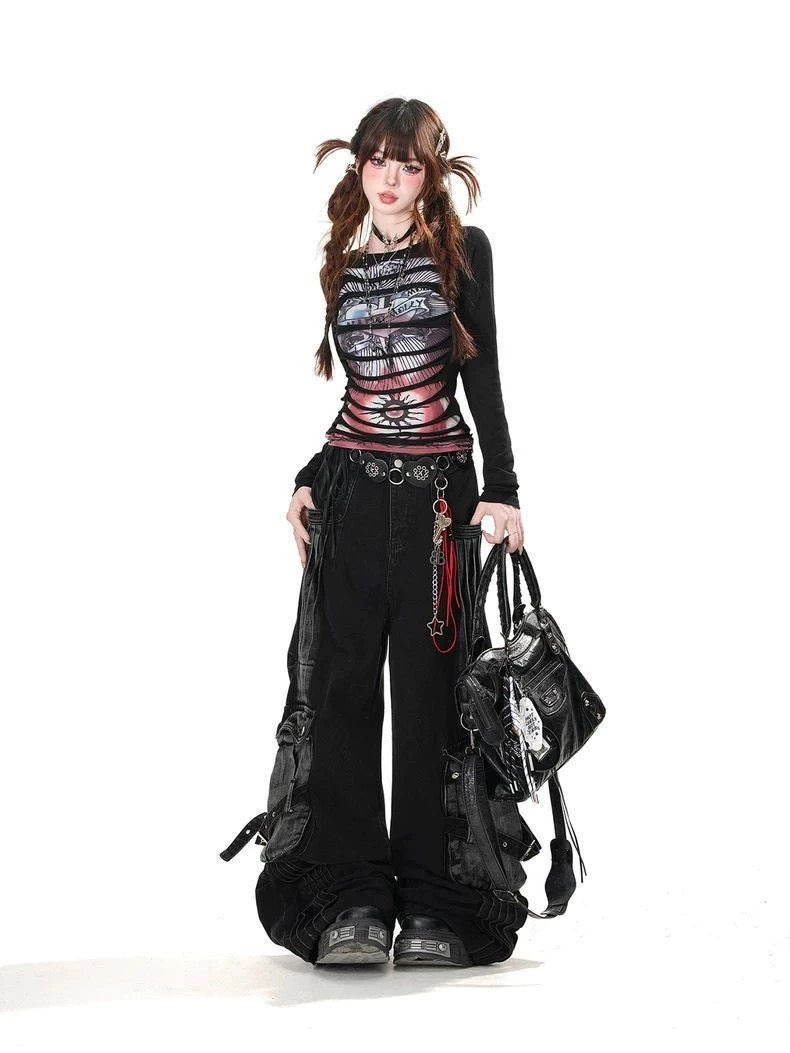 Kellykitty Street Club Design Punk Hottie T-shirt Women's Spring and Summer Slim Fit Waist Top