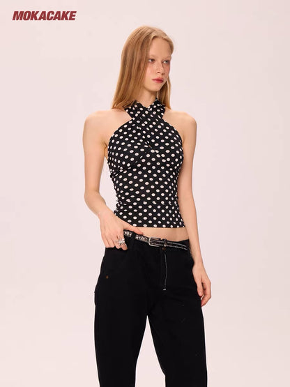 MOKACAKE Black Polka Dot Halter Neck Tank Top, Unique Design, Sexy Sleeveless Short Top for Women, Summer