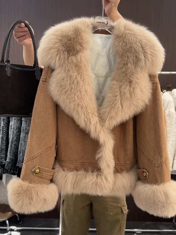 Imitation fox fur splicing warm jacket for women in autumn and winter, quilted and thickened for small people, fashionable, slim, young and fashionable