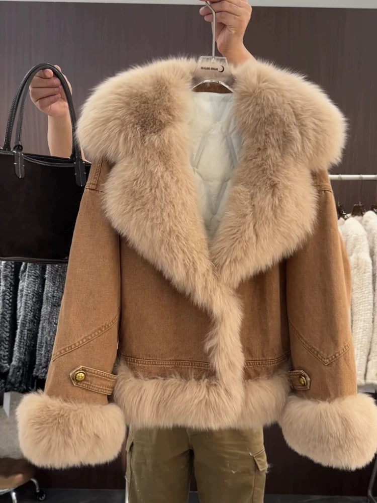 Imitation fox fur splicing warm jacket for women in autumn and winter, quilted and thickened for small people, fashionable, slim, young and fashionable