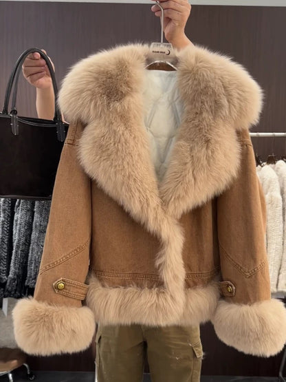 Imitation fox fur splicing warm jacket for women in autumn and winter, quilted and thickened for small people, fashionable, slim, young and fashionable