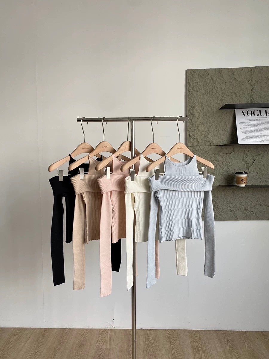 2025 Autumn New Korean Style Slim Fit Knit Long Sleeve Fashion Off-Shoulder Halter Neck Top for Women