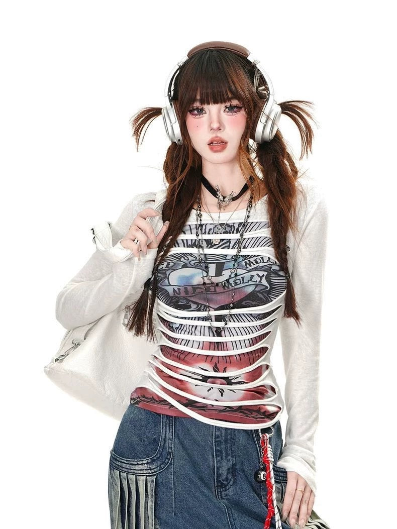 Kellykitty Street Club Design Punk Hottie T-shirt Women's Spring and Summer Slim Fit Waist Top