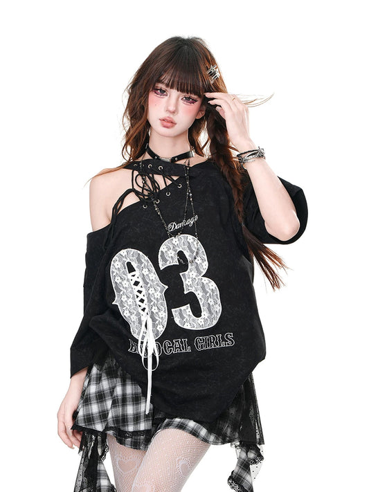 Kellykitty cool American style lace oblique shoulder embroidery short-sleeved T-shirt women's summer loose slim sports top