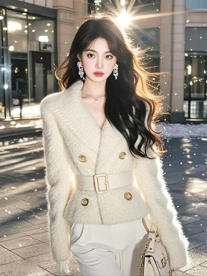 Socialite temperament, high-end sense top, unique and super good-looking, small fragrance, slim fit, women's white short coat, autumn and winter