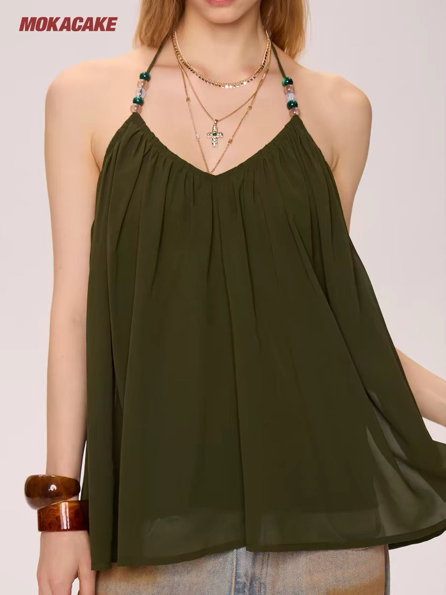 MOKACAKE Green V-neck halter neck backless mesh camisole top, a unique design for women's summer.