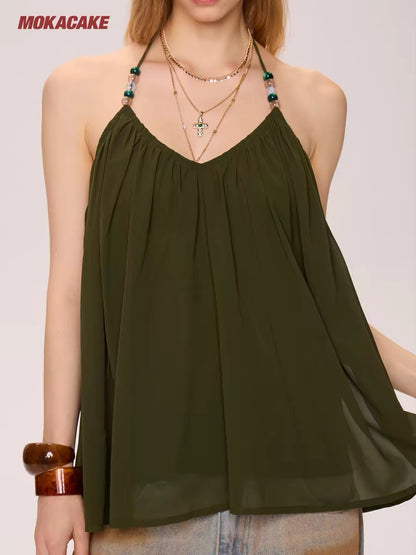 MOKACAKE Green V-neck halter neck backless mesh camisole top, a unique design for women's summer.
