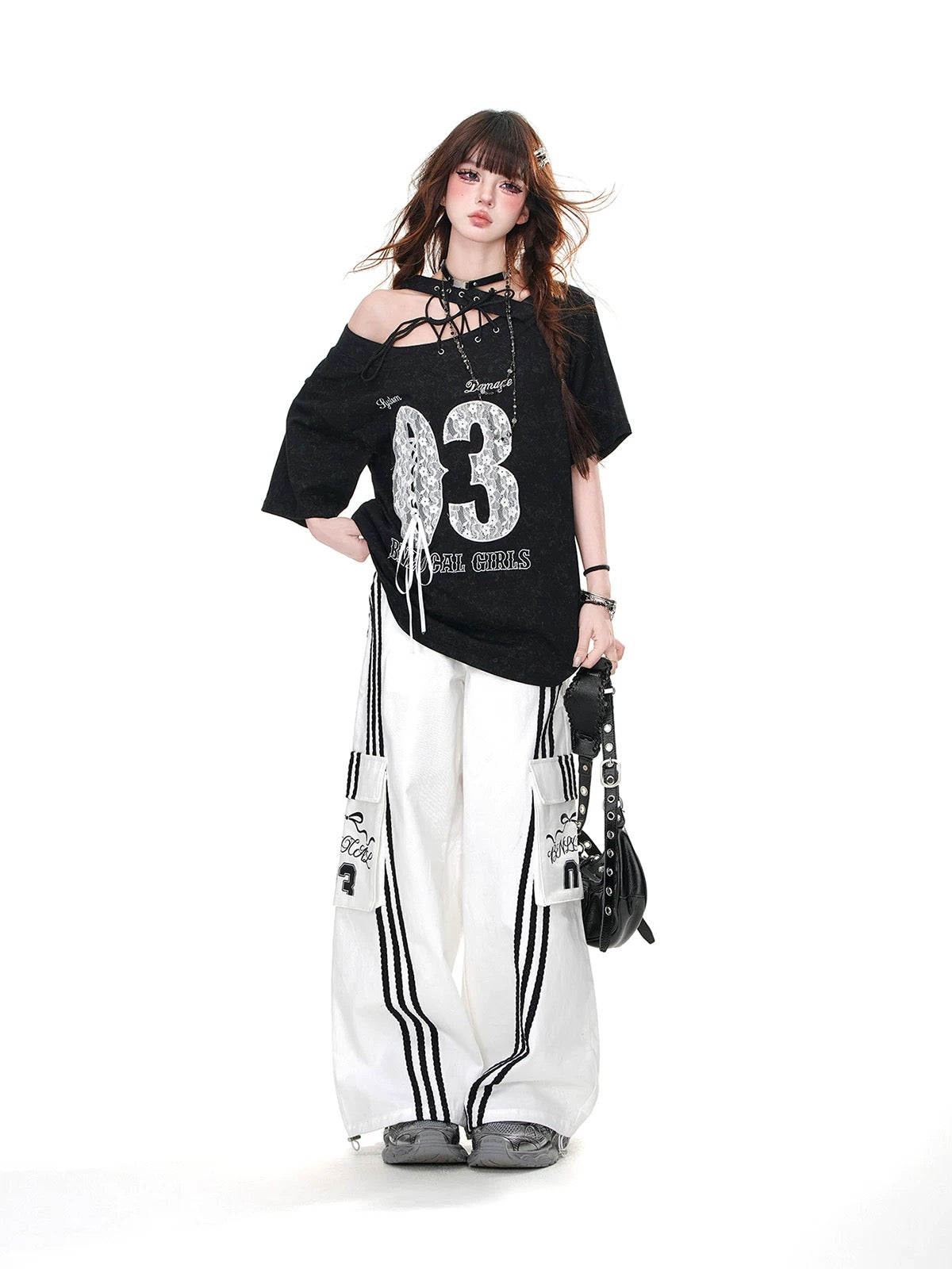 Kellykitty cool American style lace oblique shoulder embroidery short-sleeved T-shirt women's summer loose slim sports top