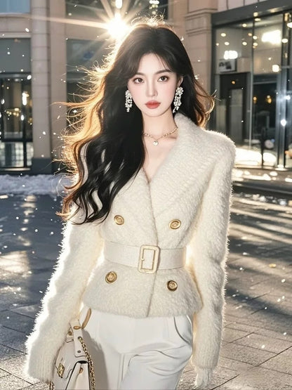 Socialite temperament, high-end sense top, unique and super good-looking, small fragrance, slim fit, women's white short coat, autumn and winter