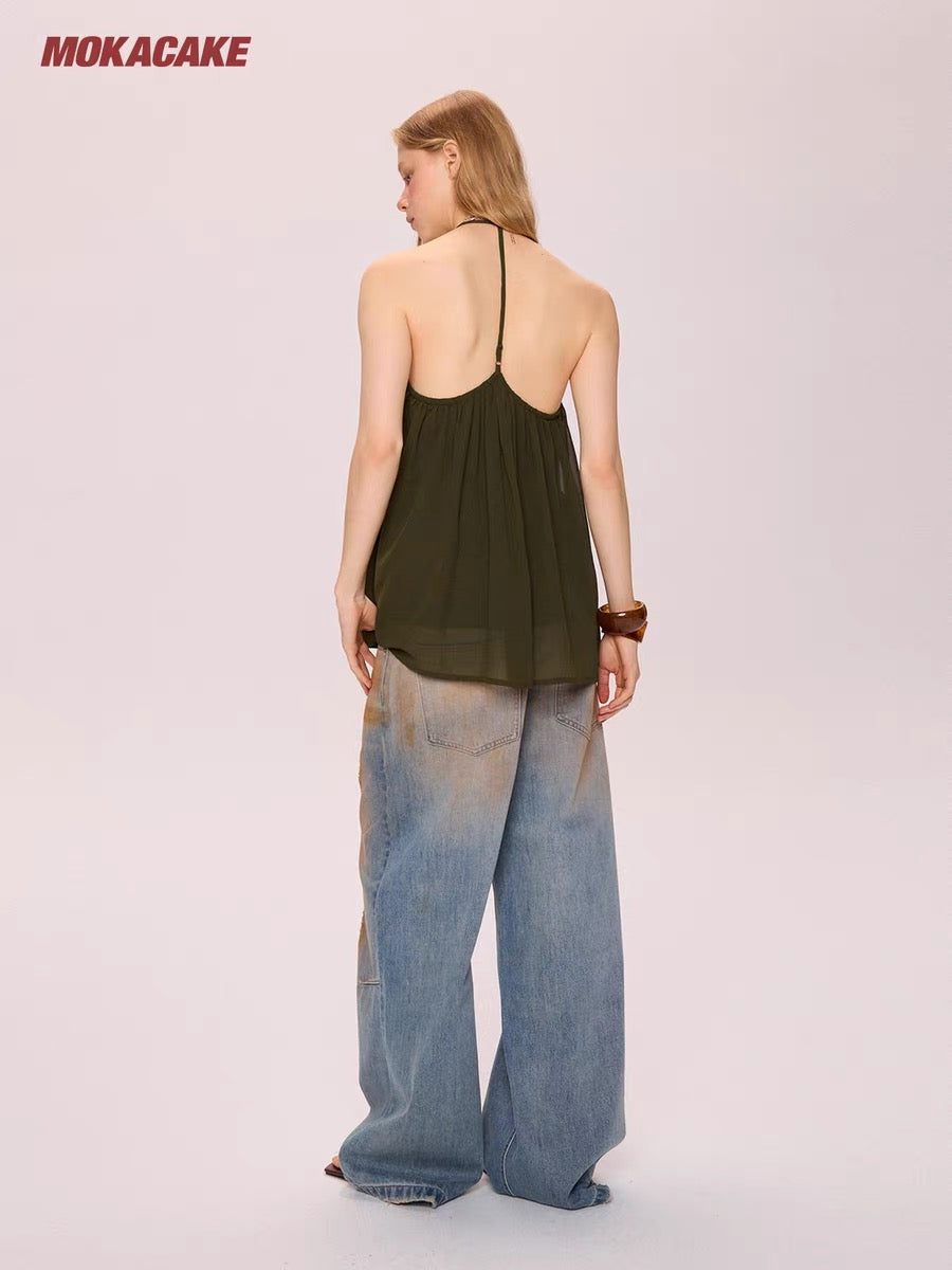 MOKACAKE Green V-neck halter neck backless mesh camisole top, a unique design for women's summer.