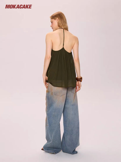 MOKACAKE Green V-neck halter neck backless mesh camisole top, a unique design for women's summer.