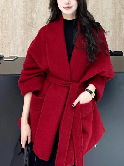 Xiaoxiangfeng red woolen coat Korean style lazy style autumn and winter niche design high fashion versatile top for women