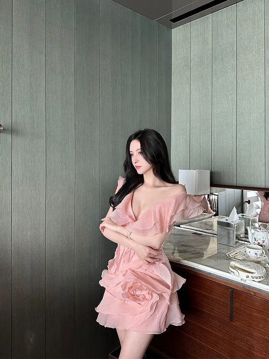 For Fay: Peach Pink/Pear White Soft Gauze Rose Ethereal V-neck Off-shoulder Dress with Ruffles and a Fitted Waist