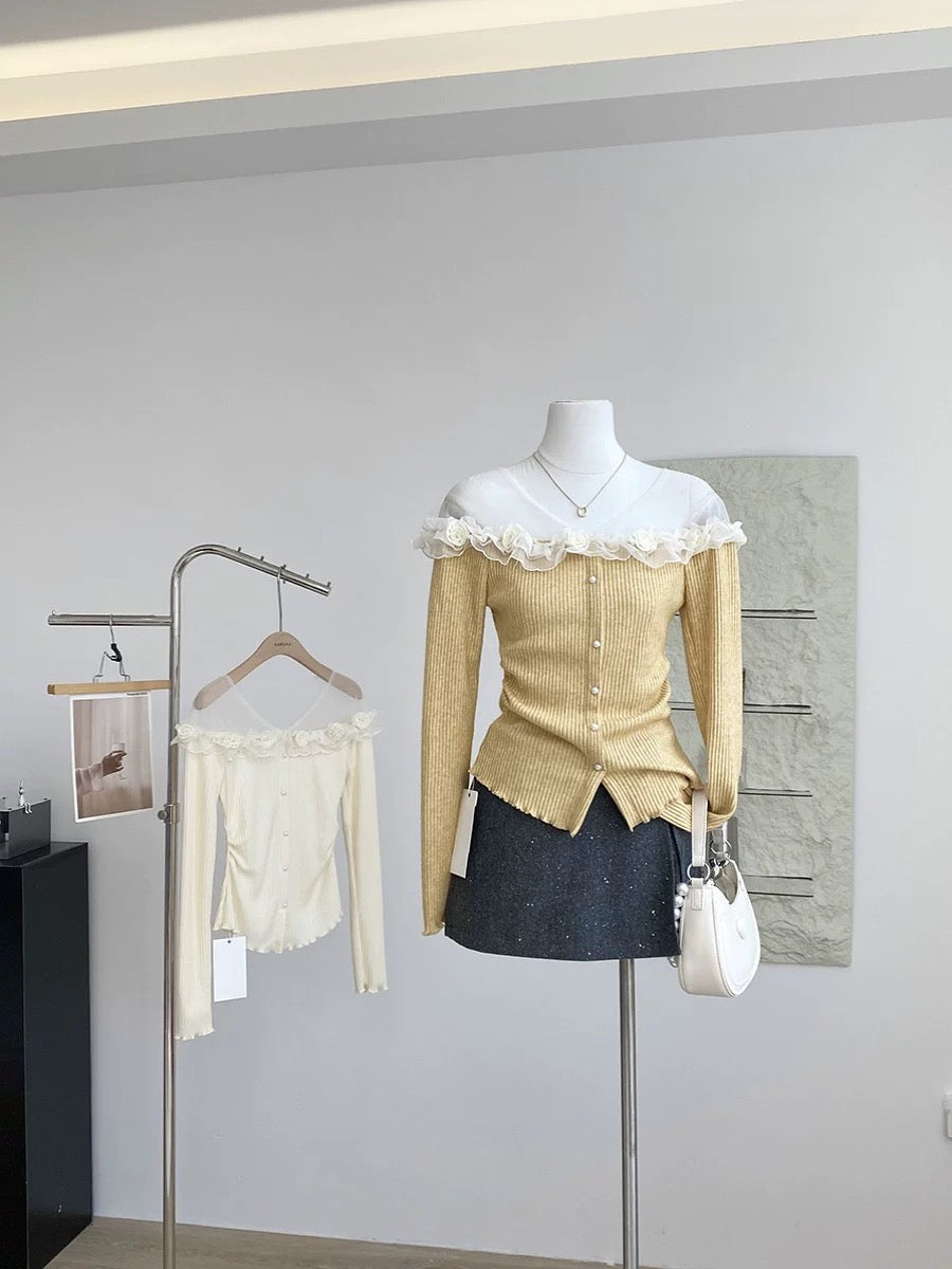 French-style lace trim long-sleeved knit top, new winter style, Korean fashion, elegant and slimming design.