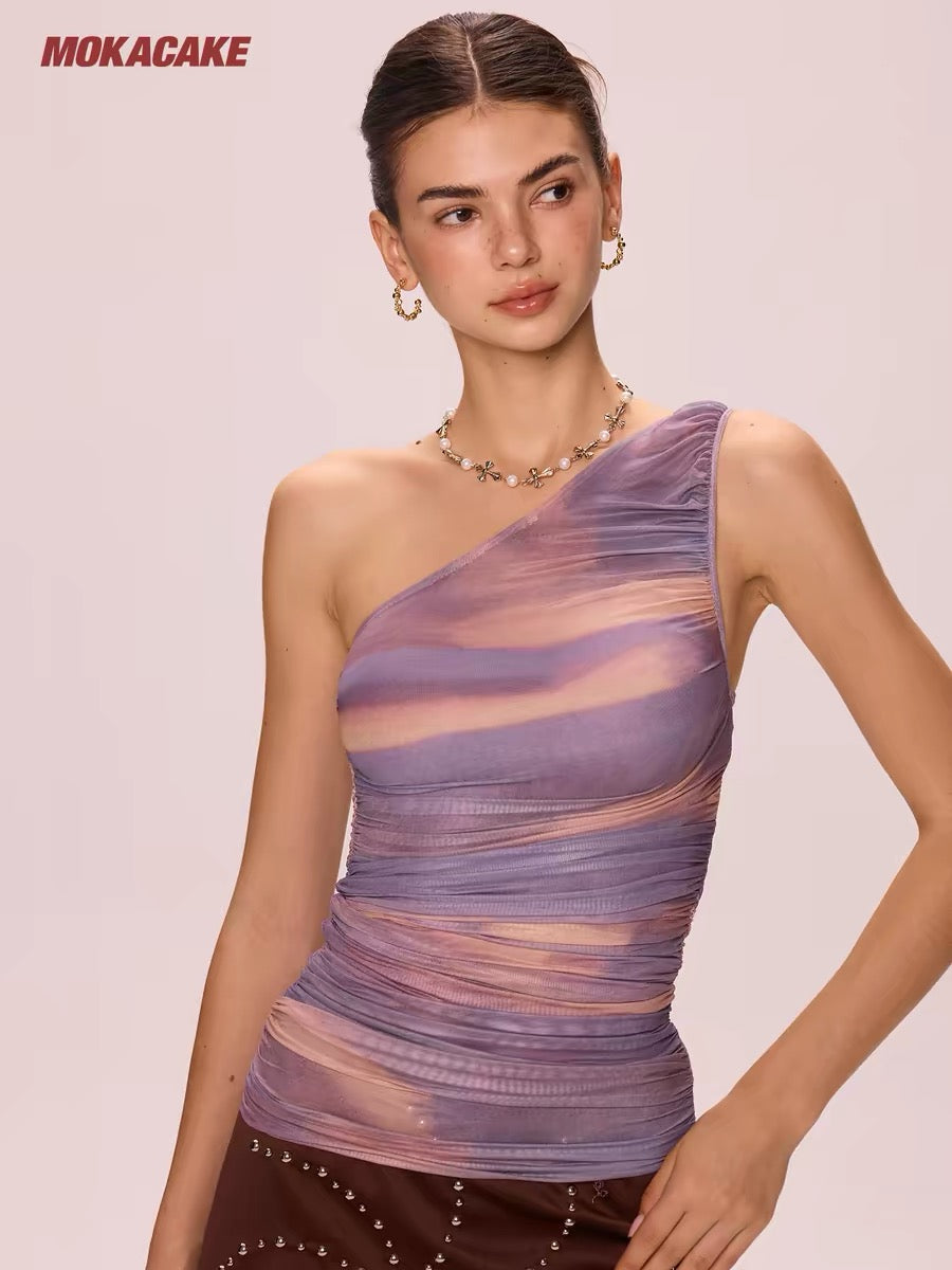 MOKACAKE Purple Off-Shoulder Mesh Vest, a uniquely designed sleeveless top for women, perfect for layering or wearing on its own, a summer new style.
