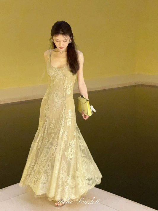 Your Hehe | Floral Lace | Exquisitely Woven French-Style A-Line Spaghetti Strap Dress with Gold and Silver Threads and Dense Pleats