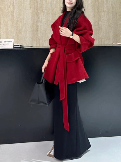 Xiaoxiangfeng red woolen coat Korean style lazy style autumn and winter niche design high fashion versatile top for women