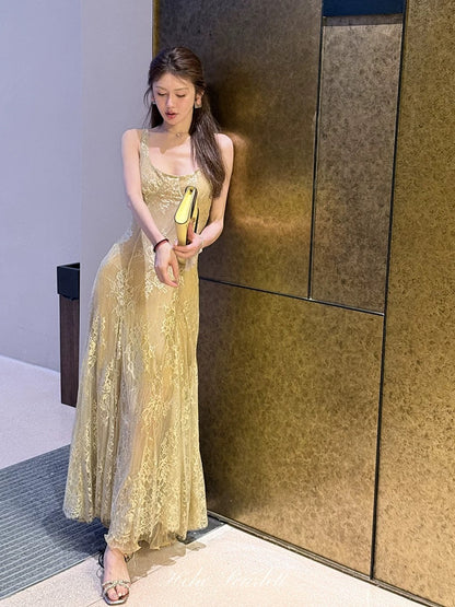 Your Hehe | Floral Lace | Exquisitely Woven French-Style A-Line Spaghetti Strap Dress with Gold and Silver Threads and Dense Pleats