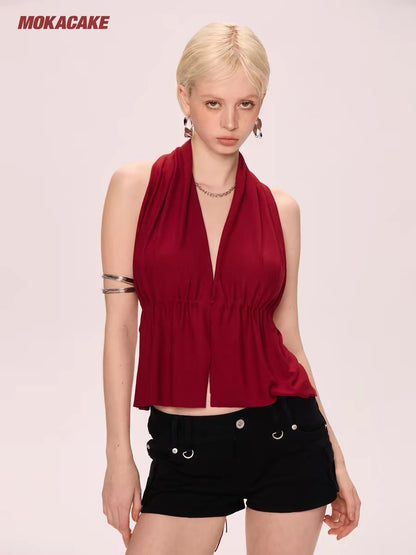 MOKACAKE Red Halter-Neck V-Neck V-Neck Tank Top, a unique and stylish summer style for women.