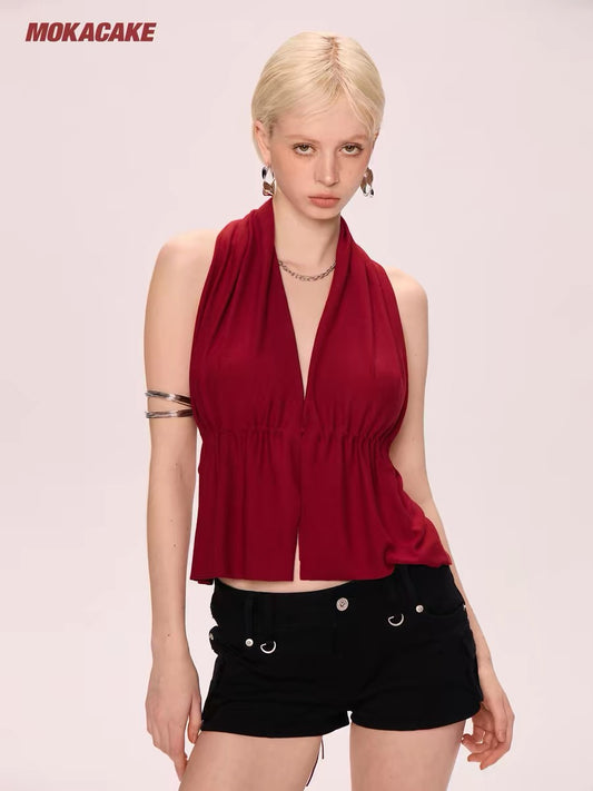 MOKACAKE Red Halter-Neck V-Neck V-Neck Tank Top, a unique and stylish summer style for women.