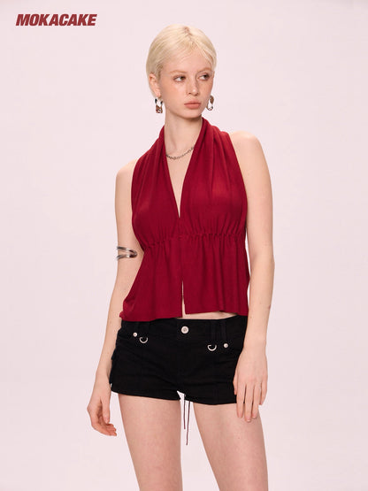 MOKACAKE Red Halter-Neck V-Neck V-Neck Tank Top, a unique and stylish summer style for women.