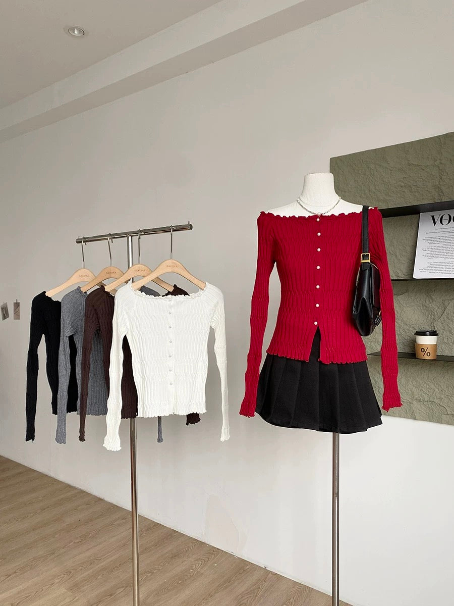 2025 Autumn/Winter New Korean Style Ins Gentle and Alluring Style Age-Reducing Slim Fit Versatile Off-Shoulder Long-Sleeve Knit Top for Women